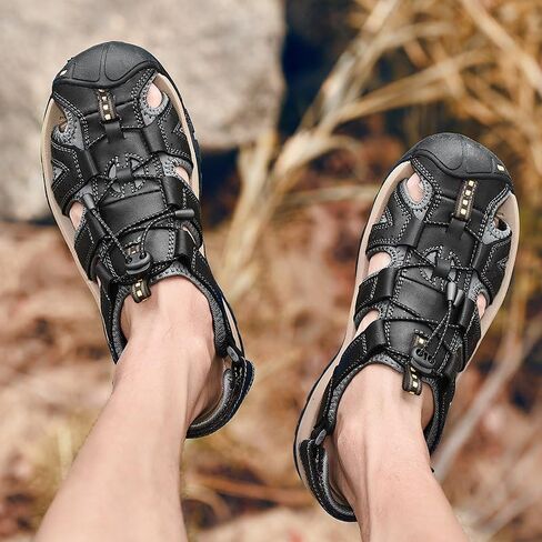 Men's Leather Hiking Sandals,Closed Toe Adjustable Strap, Outdoor Hiking Water Shoes, Black Gray Brown, Closed Toe Athletic Beach Sandals with Adjustable Straps in Saudi Arabia