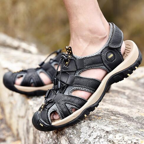 Men's Leather Hiking Sandals,Closed Toe Adjustable Strap, Outdoor Hiking Water Shoes, Black Gray Brown, Closed Toe Athletic Beach Sandals with Adjustable Straps in Saudi Arabia