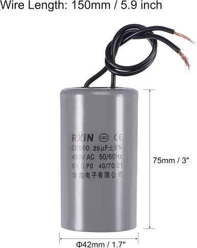 uxcell CBB60 Run Capacitor 25uF 450V AC 2 Wires 50/60Hz Cylinder 75x42mm for Air Compressor Water Pump Motor in Saudi Arabia