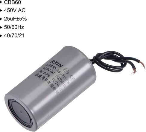 uxcell CBB60 Run Capacitor 25uF 450V AC 2 Wires 50/60Hz Cylinder 75x42mm for Air Compressor Water Pump Motor in Saudi Arabia