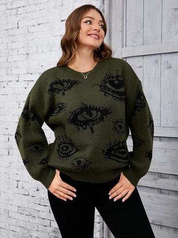 Floerns Women's Grunge Punk Eye Print Long Sleeve Drop Shoulder Sweaters Top in Saudi Arabia