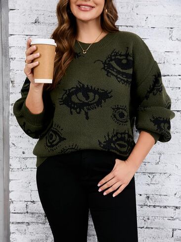 Floerns Women's Grunge Punk Eye Print Long Sleeve Drop Shoulder Sweaters Top in Saudi Arabia