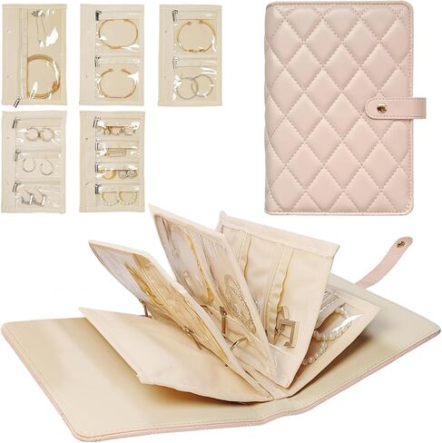 حالة مجوهرات سفر- منظم مجوهرات مجوهرات من الجلد المحمولة القابلة للإزالة مع مقصورات سحابية واضحة للأقراط ، وقلادات ، وحلقات ، وساعات (أبيض كريم) in Kuwait