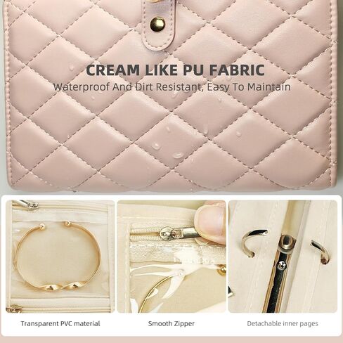 حالة مجوهرات سفر- منظم مجوهرات مجوهرات من الجلد المحمولة القابلة للإزالة مع مقصورات سحابية واضحة للأقراط ، وقلادات ، وحلقات ، وساعات (أبيض كريم) in Kuwait