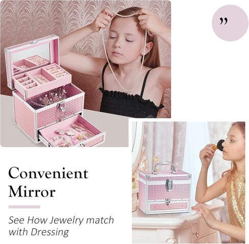 Hododou Girls Jewelry Box Organizer with Drawer & Mirror, Shiny Pink Style Lockable Storage Case for Kid or Little Girls Jewelry and Hair Accessories in Kuwait