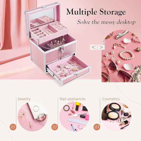 Hododou Girls Jewelry Box Organizer with Drawer & Mirror, Shiny Pink Style Lockable Storage Case for Kid or Little Girls Jewelry and Hair Accessories in Kuwait