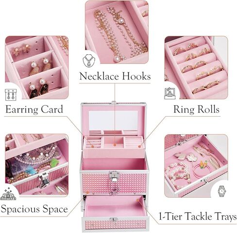Hododou Girls Jewelry Box Organizer with Drawer & Mirror, Shiny Pink Style Lockable Storage Case for Kid or Little Girls Jewelry and Hair Accessories in Kuwait