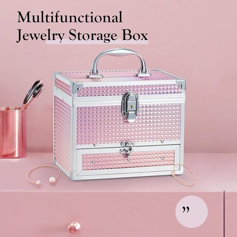 Hododou Girls Jewelry Box Organizer with Drawer & Mirror, Shiny Pink Style Lockable Storage Case for Kid or Little Girls Jewelry and Hair Accessories in Kuwait