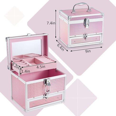 Hododou Girls Jewelry Box Organizer with Drawer & Mirror, Shiny Pink Style Lockable Storage Case for Kid or Little Girls Jewelry and Hair Accessories in Kuwait