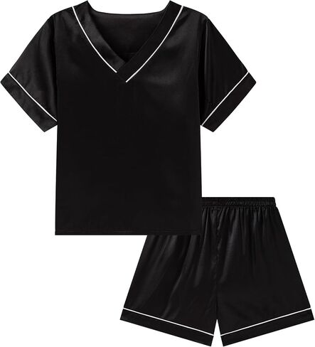 DIPUG Girls Pajamas Set Silky Satin Short Sleeve V Neck Pjs Soft Homewear Sleepwear 6-12 Years in Saudi Arabia