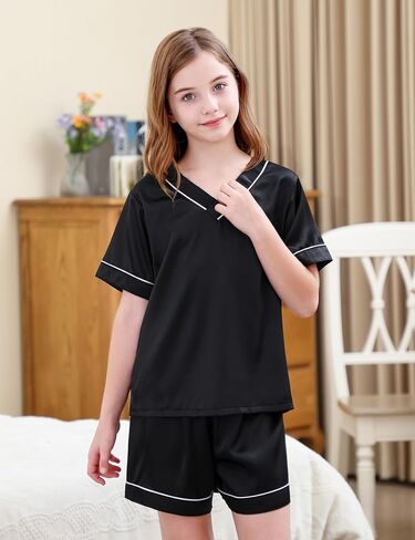 DIPUG Girls Pajamas Set Silky Satin Short Sleeve V Neck Pjs Soft Homewear Sleepwear 6-12 Years in Saudi Arabia