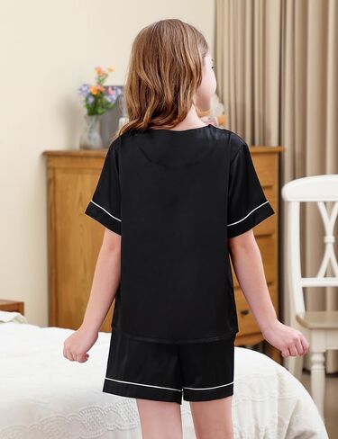 DIPUG Girls Pajamas Set Silky Satin Short Sleeve V Neck Pjs Soft Homewear Sleepwear 6-12 Years in Saudi Arabia
