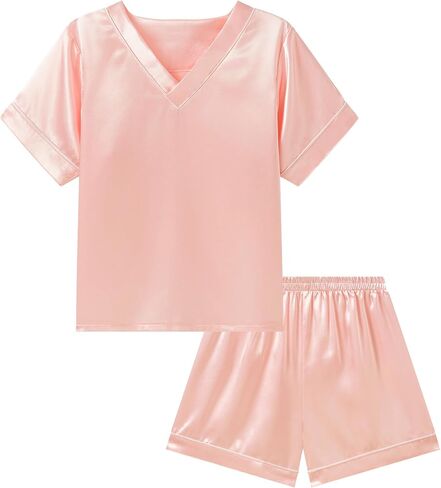 DIPUG Girls Pajamas Set Silky Satin Short Sleeve V Neck Pjs Soft Homewear Sleepwear 6-12 Years in Saudi Arabia