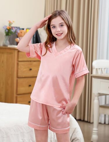 DIPUG Girls Pajamas Set Silky Satin Short Sleeve V Neck Pjs Soft Homewear Sleepwear 6-12 Years in Saudi Arabia