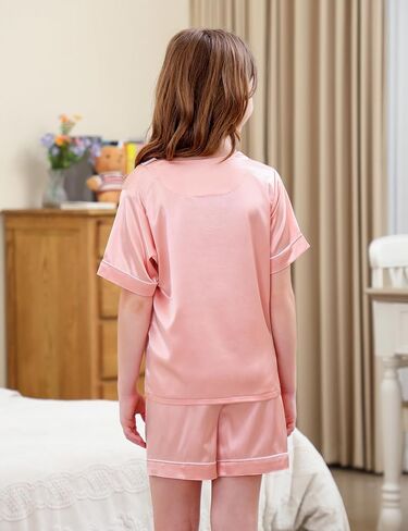 DIPUG Girls Pajamas Set Silky Satin Short Sleeve V Neck Pjs Soft Homewear Sleepwear 6-12 Years in Saudi Arabia