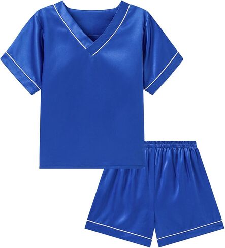 DIPUG Girls Pajamas Set Silky Satin Short Sleeve V Neck Pjs Soft Homewear Sleepwear 6-12 Years in Saudi Arabia