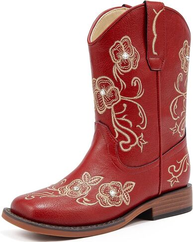 Girls Cowboy Boots Classic Western Floral Embroidery Sparkly Rhinestone Little Big Kids Cowgirl Boots Side Zipper Mid Calf Square Toddler Girls Boot Riding Party Party Wedder in Kuwait