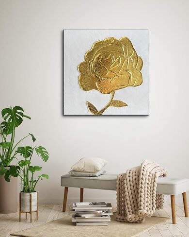 Creespi Hand Painted 3D Gold Floral Wall Art 24x24 inches,Contemporary Abstract Textured Flower Oil Painting On Canvas for Home Decor in Saudi Arabia