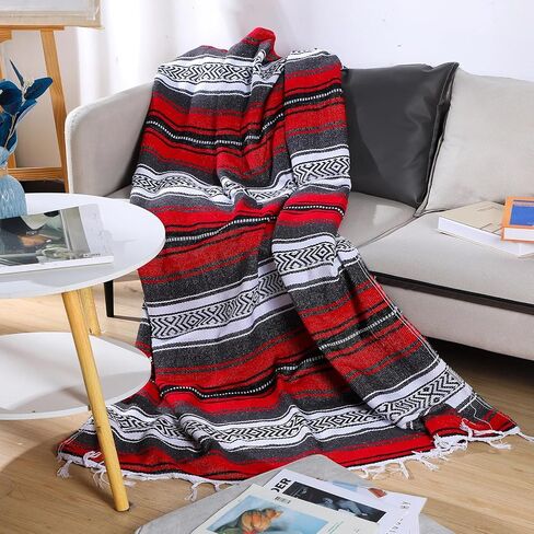 4 قطع من البطانيات المكسيكية، بطانية يوجا مكسيكية منسوجة يدويًا، منشفة ملونة منسوجة من فالسا سيراب، بطانية بوهو المكسيكية للشاطئ للتخييم في الهواء الطلق، والشاطئ، والسفر، والمنزل (أحمر) in Kuwait