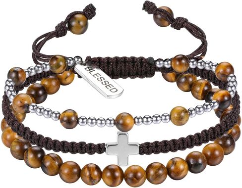Jovivi Crystal Beaded Bracelet with Blessed Cross Charm Natural Healing Crystals Stone Multilayer Wrap Bracelets Adjustable in Saudi Arabia