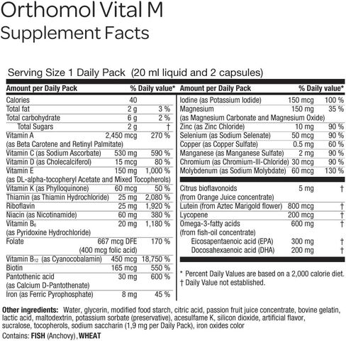 Orthomol Vital M Vial-مكملات فيتامين للرجال لمدة 30 يومًا مع A و B و C و D و E و K و Eodine و Omega-3-يدعم الطاقة والحيوية الذكور in Kuwait