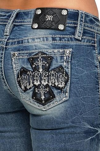 Miss Me Women's Mid-Rise Large Cross Logo Embellished Pockets Bootcut Jeans in Saudi Arabia
