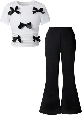 Girl's 2 Piece Cute Summer Clothes Bowknot Ruched Crop Tops and Flare Pants Sets Elegant Outfits in Saudi Arabia