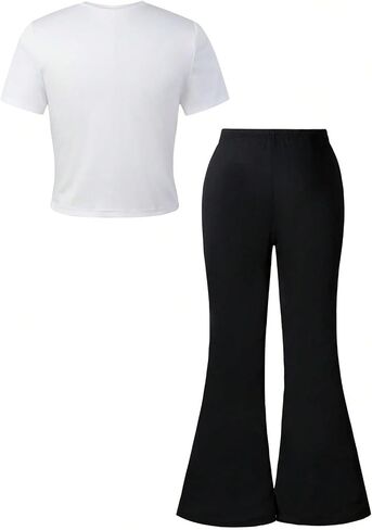 Girl's 2 Piece Cute Summer Clothes Bowknot Ruched Crop Tops and Flare Pants Sets Elegant Outfits in Saudi Arabia