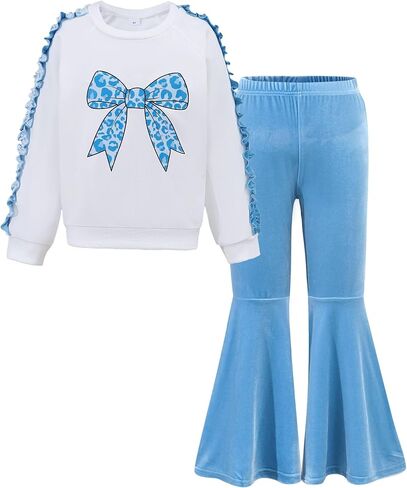 Girls Fall Outfits Long Sleeve Printed Shirt for Kids Bell Bottom Pant Tween Girls 2 Pieces Clothing Sets Size 8-12 in Kuwait