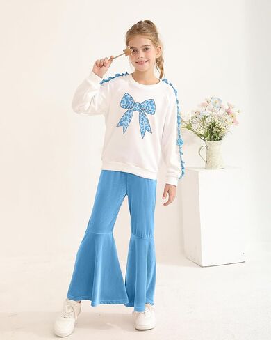 Girls Fall Outfits Long Sleeve Printed Shirt for Kids Bell Bottom Pant Tween Girls 2 Pieces Clothing Sets Size 8-12 in Kuwait