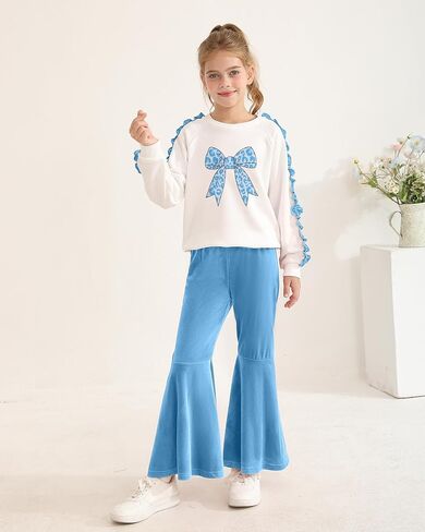 Girls Fall Outfits Long Sleeve Printed Shirt for Kids Bell Bottom Pant Tween Girls 2 Pieces Clothing Sets Size 8-12 in Kuwait