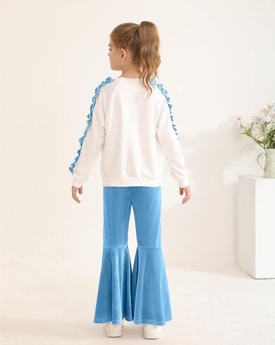 Girls Fall Outfits Long Sleeve Printed Shirt for Kids Bell Bottom Pant Tween Girls 2 Pieces Clothing Sets Size 8-12 in Kuwait