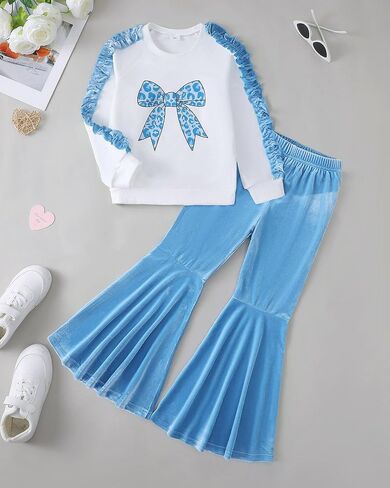 Girls Fall Outfits Long Sleeve Printed Shirt for Kids Bell Bottom Pant Tween Girls 2 Pieces Clothing Sets Size 8-12 in Kuwait