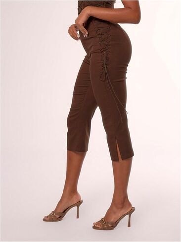 MakeMeChic Women's Y2K Lace Up Capri Pants Tie Side Split Hem Ruched Summer Going Out Leggings in Kuwait