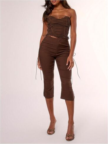 MakeMeChic Women's Y2K Lace Up Capri Pants Tie Side Split Hem Ruched Summer Going Out Leggings in Kuwait