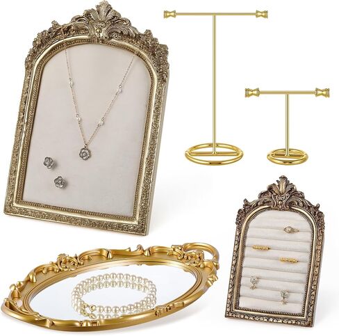 5pcs Gold Vintage Jewelry Display Set for Selling 1 Velvet Jewelry Frame 1 Ring Holder 1 Mirror Tray 2 Earring Stands Necklace Organizer Photography Props for Gifts Wedding Decor Women in Saudi Arabia