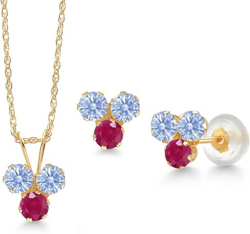 Gem Stone King 14K Yellow Gold Arctic Blue Zirconia and Red Ruby 3 Stone Pendant and Earrings Jewelry Set For Women (1.13 Cttw, Round 3MM, with 18 Inch Chain) in Saudi Arabia