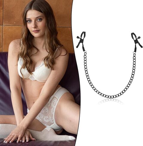 Adjustable Metal Chain Nipple Clamps Body Chain Stainless Steel Nipple Jewelry Non Piercing Body Jewelry for Women, Bodys Chains for Women (Black) in Kuwait