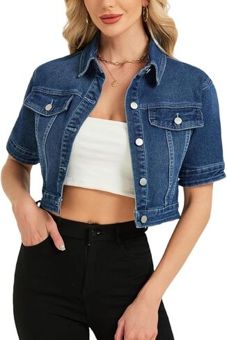 LifeShe Women Stretch Cropped Denim Jacket Short Sleeves Button Down Trucker Jean Jackets Coats in Saudi Arabia