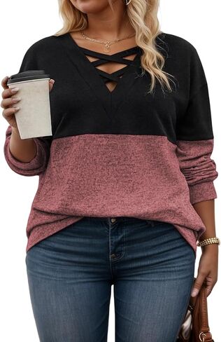 ROSRISS Womens Plus-Size Sweatshirts Casual Color Block Long Sleeve Tops Oversized Trendy Criss Cross V Neck Shirts XL-5XL in Saudi Arabia