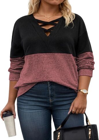 ROSRISS Womens Plus-Size Sweatshirts Casual Color Block Long Sleeve Tops Oversized Trendy Criss Cross V Neck Shirts XL-5XL in Saudi Arabia