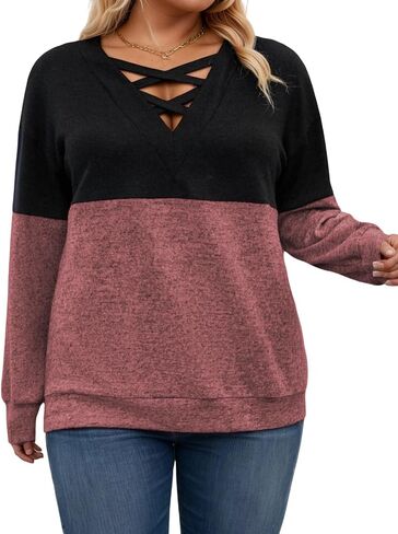 ROSRISS Womens Plus-Size Sweatshirts Casual Color Block Long Sleeve Tops Oversized Trendy Criss Cross V Neck Shirts XL-5XL in Saudi Arabia
