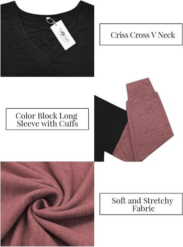 ROSRISS Womens Plus-Size Sweatshirts Casual Color Block Long Sleeve Tops Oversized Trendy Criss Cross V Neck Shirts XL-5XL in Saudi Arabia