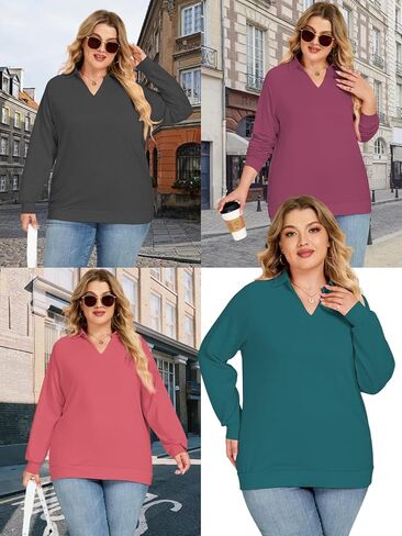 مسكن للنساء زائد الحجم من النوعية غير الرسمية Collared v Polo Polo Tops Long Sleeve Pullover tunics in Saudi Arabia