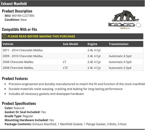 Exhaust Manifold with Gaskets and Hardware - Compatible with 2008-2014 Chevy Malibu 2.4L 4-Cylinder in Saudi Arabia