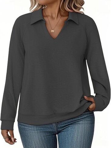 مسكن للنساء زائد الحجم من النوعية غير الرسمية Collared v Polo Polo Tops Long Sleeve Pullover tunics in Saudi Arabia
