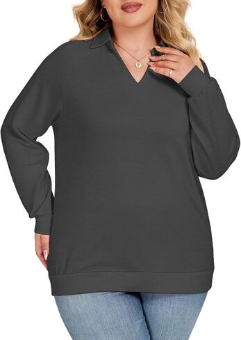 مسكن للنساء زائد الحجم من النوعية غير الرسمية Collared v Polo Polo Tops Long Sleeve Pullover tunics in Saudi Arabia