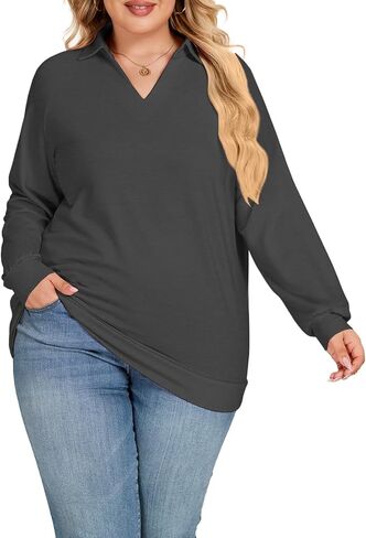 مسكن للنساء زائد الحجم من النوعية غير الرسمية Collared v Polo Polo Tops Long Sleeve Pullover tunics in Saudi Arabia