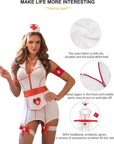 Women's Nurse Lingerie Costume Set Bra Dress with Garter, Waist Belt, Nurse Cap, Armband, Schoolgirl Cosplay Outfits in Saudi Arabia