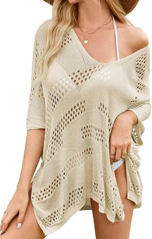 Women Bathing Suit Cover Up Summer Crochet Geometric Beach Swimsuit Coverup Mesh Knit Vacation Outfits Resort Wear in Saudi Arabia